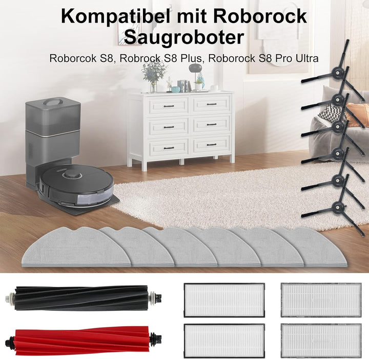 19 Stück Zubehör für Roborock S8/ S8+/ S8 Pro Ultra Saugroboter mit 2 Hauptbürste, 6 Wischtücher, 6