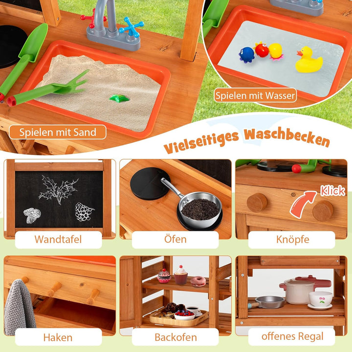 COSTWAY Matschküche Kinder Outdoor, Kinderküche Holz mit Sonnendach & Tafel & Pflanzbechern & Schauf