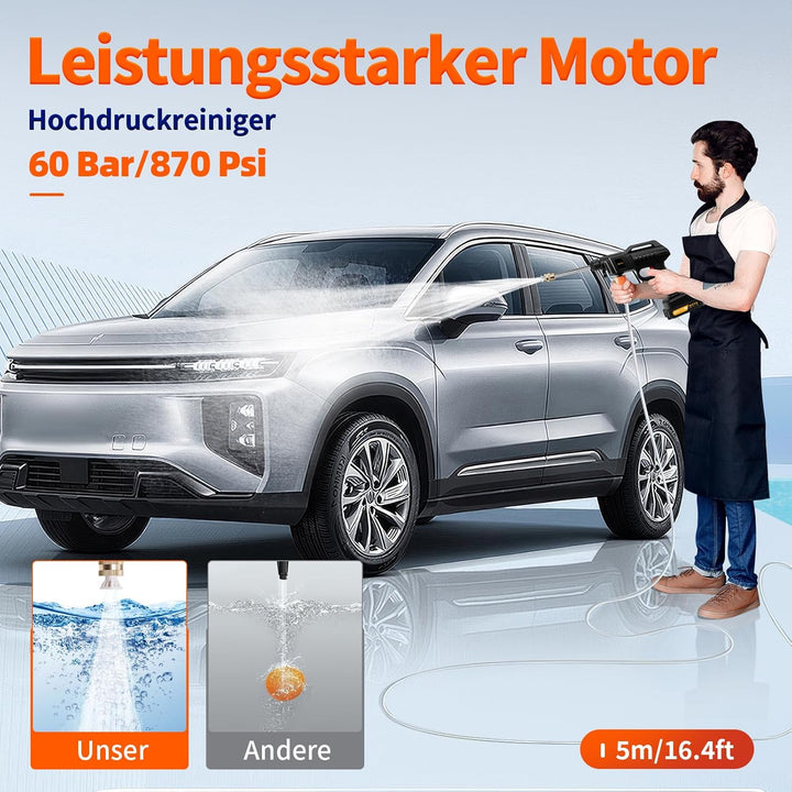 Akku Hochdruckreiniger, 21V 60Bar Mobile Akku-Hochdruckreiniger mit 2 Akku, 3-in-1 Düse, 5m Schlauch