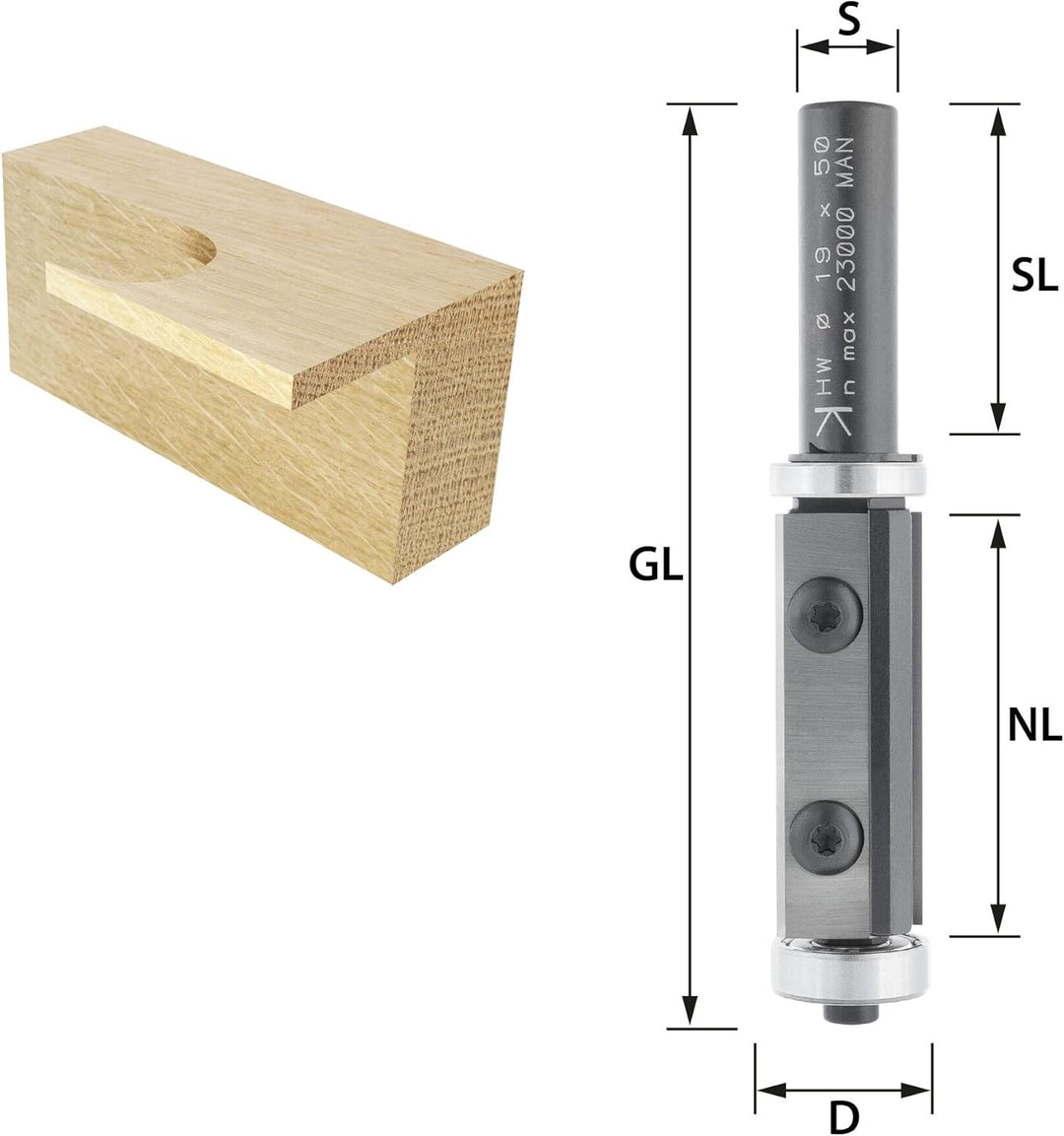 ENT 20327 Wendeplatten Bündigfräser HW, Schaft (S) 12 mm, Durchmesser (D) 19 mm, NL 50 mm, mit Kugel