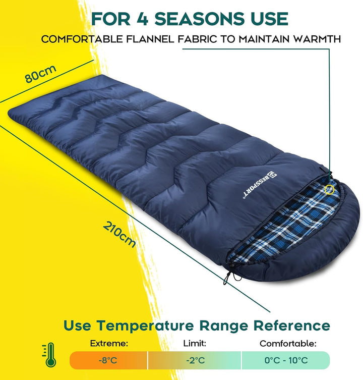 Bessport Schlafsack Flannel für Camping 3-4 Jahreszeiten - 10 °C-20°C | Winter Schlafsack Leichtgewi