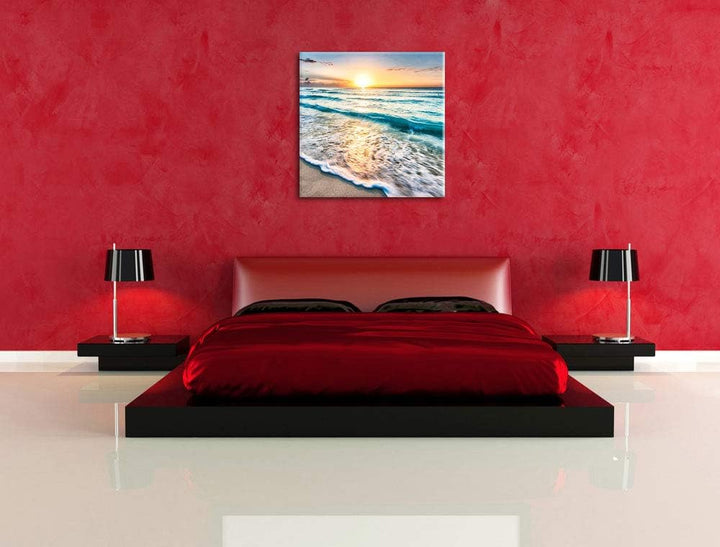 Meer bei Sonnenuntergang, Format: 70x70 auf Leinwand, XXL riesige Bilder fertig gerahmt mit Keilrahm