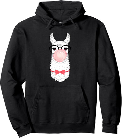 Alpaka Lama Mit Kaugummi Blase, Geek Brille Und Fliege Pullover Hoodie