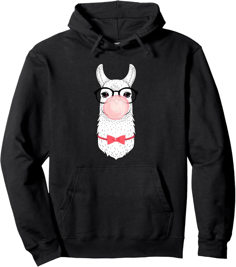 Alpaka Lama Mit Kaugummi Blase, Geek Brille Und Fliege Pullover Hoodie