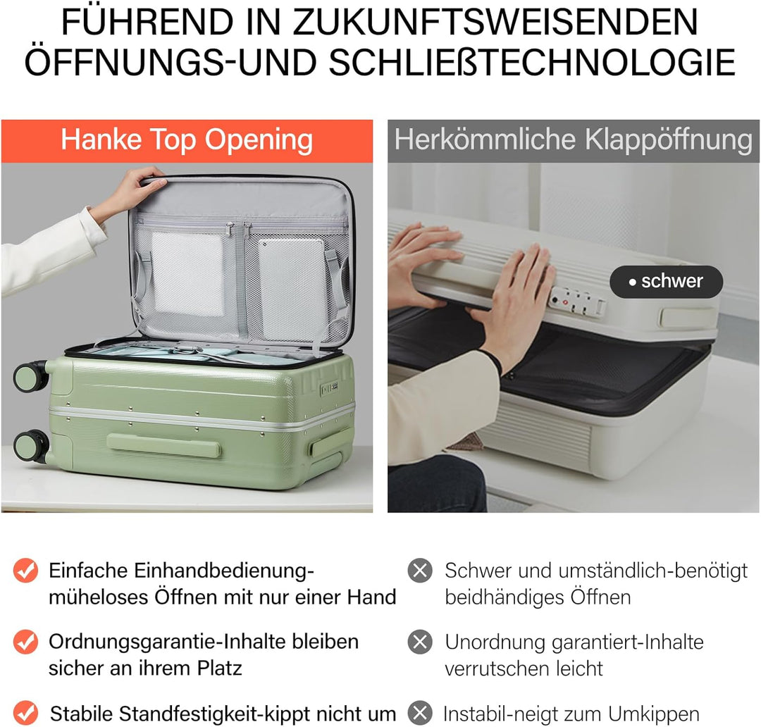 Hanke Handgepäck Koffer PC Hartschalenkoffer mit 360° Spinner Rädern Frontöffnung Reisekoffer Alumin