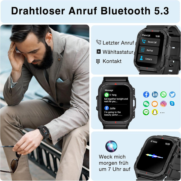 Bebinca Smartwatch Damen/Herren mit Telefonfunktion, 1,72“ HD Quadratische Touchscreen Fitness-Track