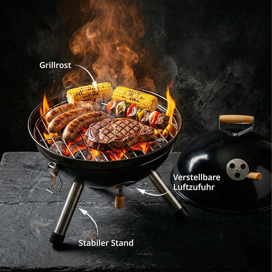 Relaxdays Mini Kugelgrill, tragbar, Ø 30 cm, Picknickgrill für Balkon & Camping, Holzkohlegrill mit