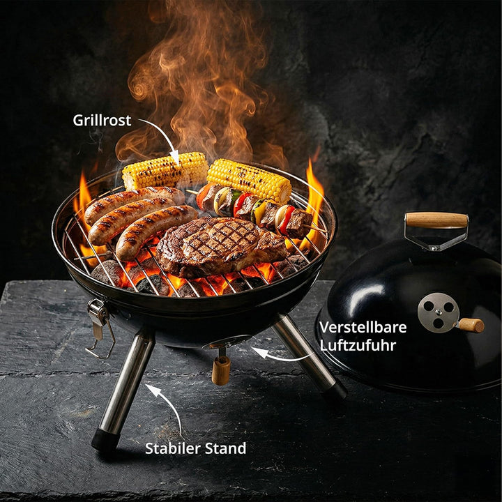 Relaxdays Mini Kugelgrill, tragbar, Ø 30 cm, Picknickgrill für Balkon & Camping, Holzkohlegrill mit