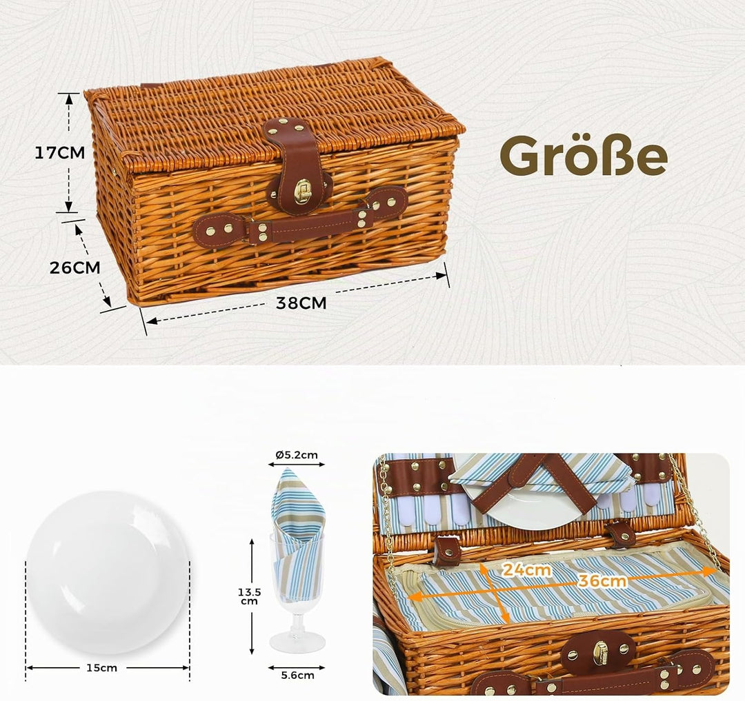 Picknickkorb Set für 2 Person mit Kühlfach, Abnehmbarer Riemen, Weinbeutel, Besteck Set, für Camping