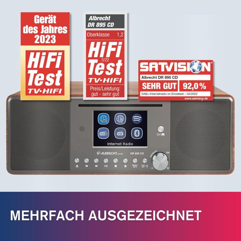 Albrecht DR 895 CD Kompaktanlage, DAB+/UKW/Internet/CD, 27896, Walnuss, mit 4" Farbdisplay, Stereo M