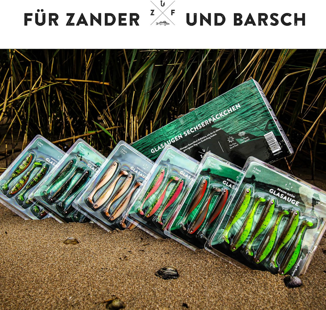Zanderfang - Gummifische Set - Glasaugen Gummiköder für Zander, Barsch, Hecht - mit Fischaroma aroma
