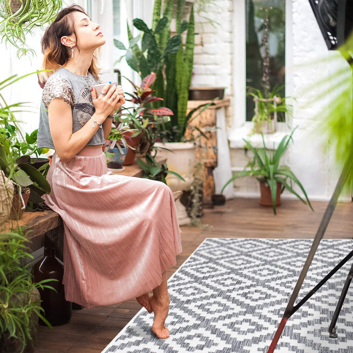 payé Outdoor Teppich Rund - 160x160cm - Wetterfest - Grau Weiss - Bordüre - Teppiche für Terrasse Ba