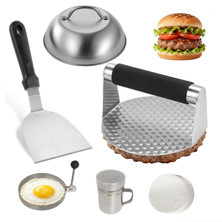 GoHZQ Edelstahl-Burgerpresse mit strukturierter Oberfläche für saftigere Patties, 6 Stück Smash-Burg