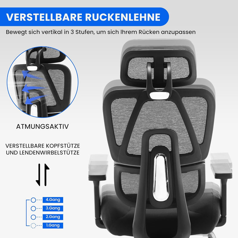 Fantasylab 3D Ergonomischer Bürostuhl 200KG Grosser und hoher Bürostuhl mit 3D Weiches Kissen 4D Arm