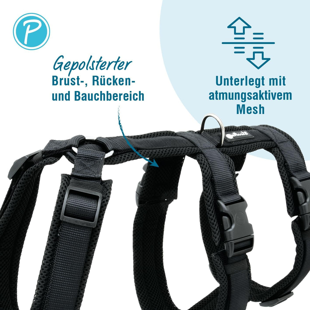 Petlando Mesh Sicherheits-Geschirr schwarz M (Halsumfang 34-62 cm, Brustumfang 51,5-73,Bauchumfang 4
