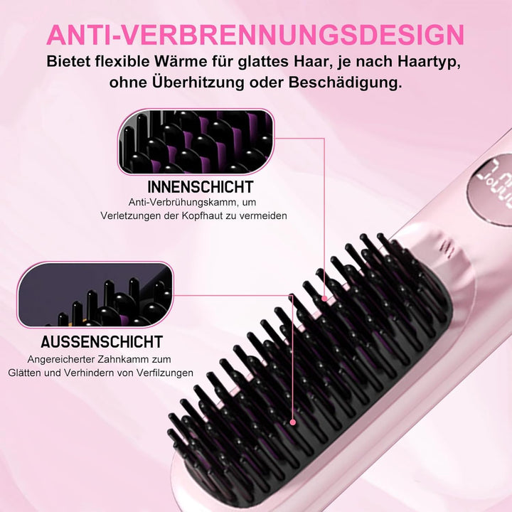 Kabellose Haarglätter Bürste - 3 Temperaturstufen, professionelle Keramikbeschichtung, Ionentechnolo