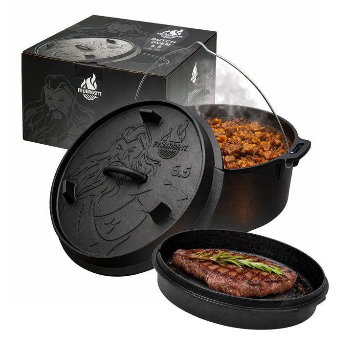 Dutch Oven 6,5L ohne Füsse – Grosser Gusseisen Topf für Herd, Induktion, Backofen, Braten, Brot, Gri