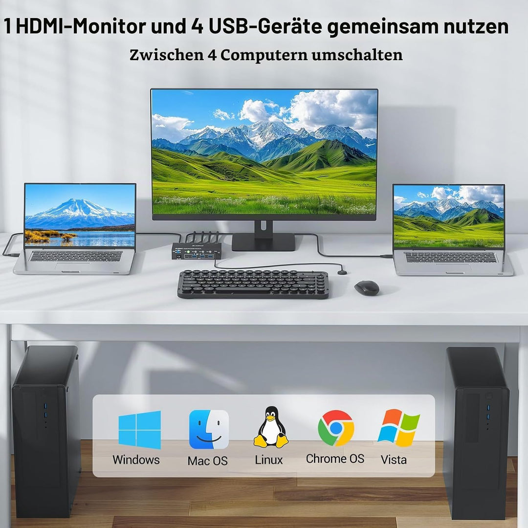 KVM Switch 4 PC 1 Monitor HDMI USB-C DP, 4K@60Hz EDID USB3.0 KVM Switch 4 Port für 4 Computer Teilen
