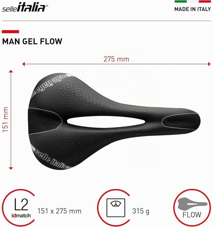 Selle Italia - Sattel für Rennräder, Man Gel Flow, Rail Manganese Rohr Ø 7, Sattel Road Gran Turismu