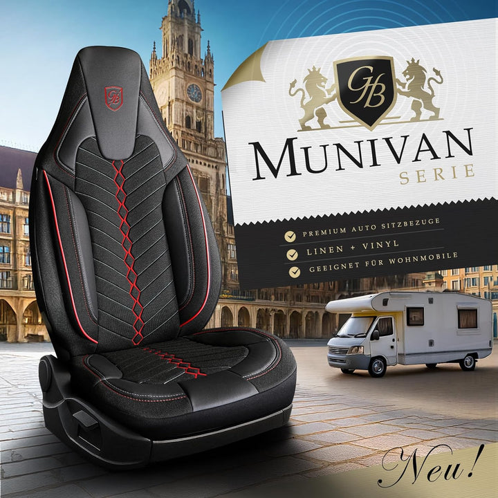 Autositzbezüge Universal für Wohnmobil & Caravan - Vordersitze Auto Sitzbezug aus Leinen, Schwarz-Ro