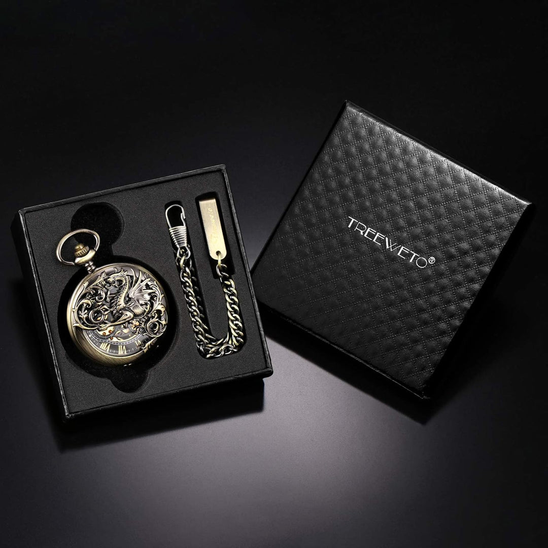 TREEWETO Unisex Taschenuhr mit Kette Analog Handaufzug Doppelscharnier Antik Drache Skelett Bronze 2
