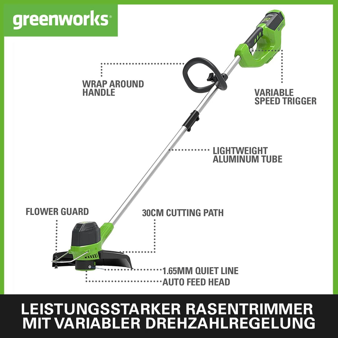 Greenworks G40LTK2 Akku Rasentrimmer für mittelgrosse Gärten, höhenverstellbar, 30 cm Schnittbreite,