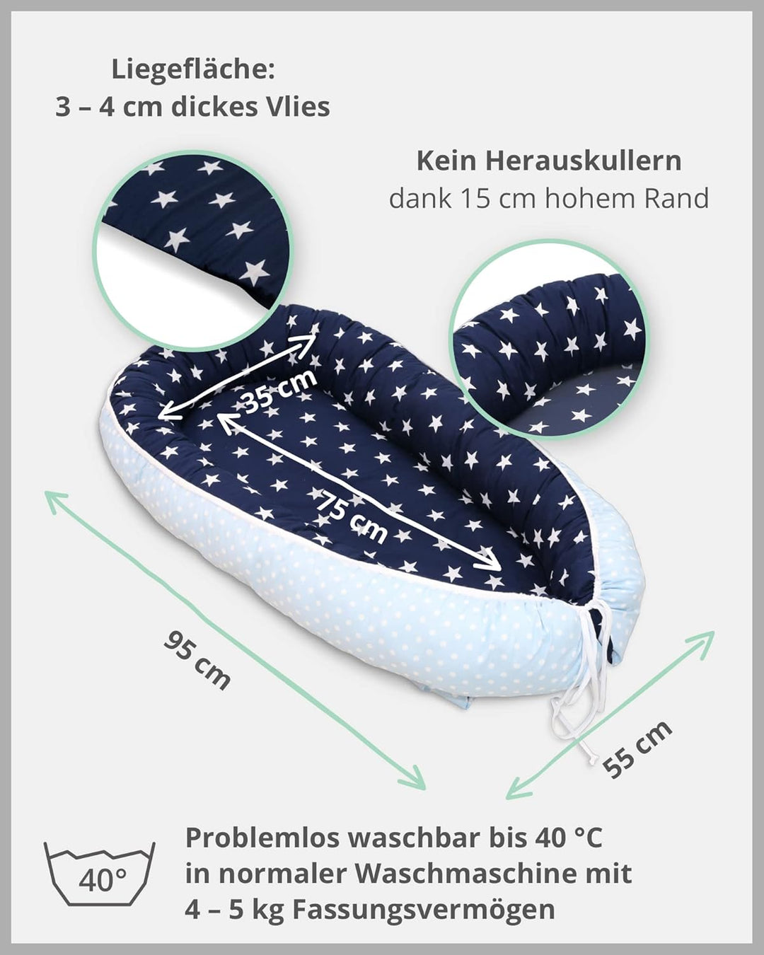 ULLENBOOM ® Babynest Set mit Einlage, Kuschelnest (55x95 cm) Blau Hellblau (Made in EU) - Baby Nestc