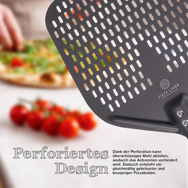 Pizza Lover® hochwertiger Pizzaschieber perforiert 30 x 30 cm Pizzaschaufel aus harteloxiertem Alumi