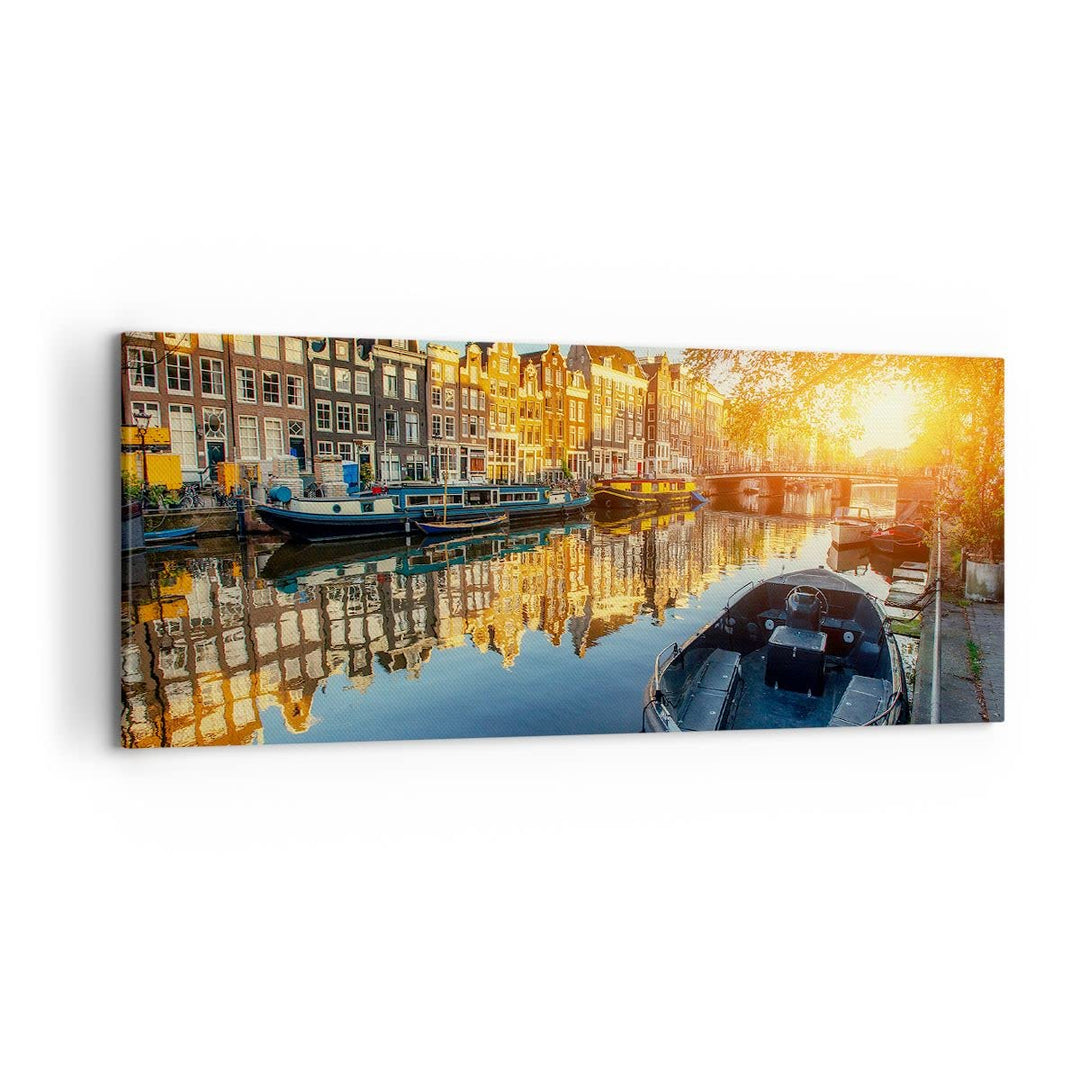 Wandbilder Dekoration Wohnzimmer Kanal Boot Amsterdam Wasser Panorama Bilder auf Leinwand 120x50cm L