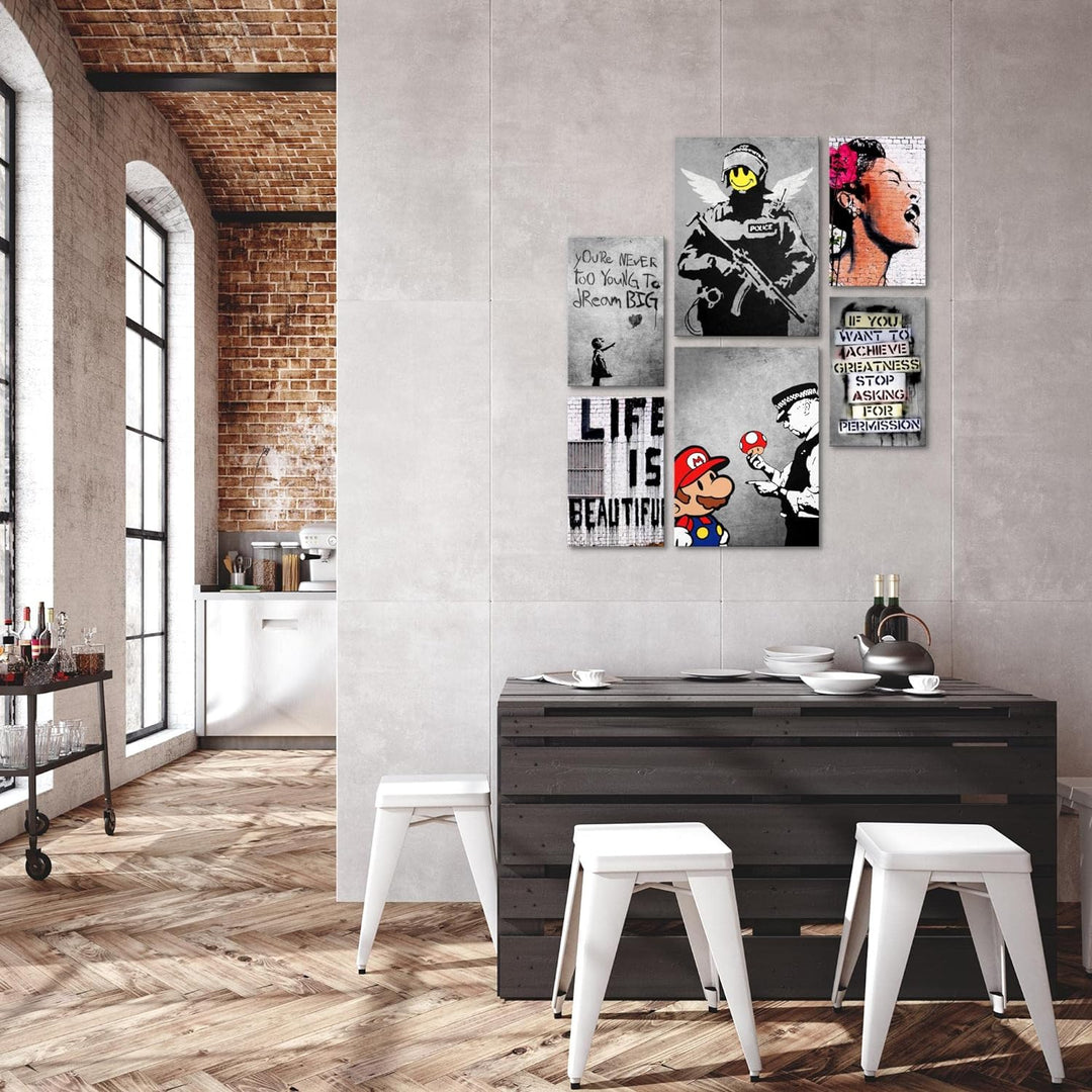 Novart Bilder Set - AUFHÄNGFERTIG - KEIN EXTRA RAHMEN BENÖTIGT - Banksy Collage Modern Street Art -