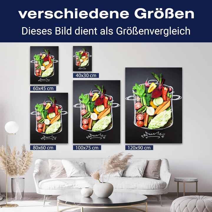 wandmotiv24 Obst & Gemüse als Leinwandbild, 100x75cm, Hochformat, Gemüse, Kochtopf, Salat, Küche, Le