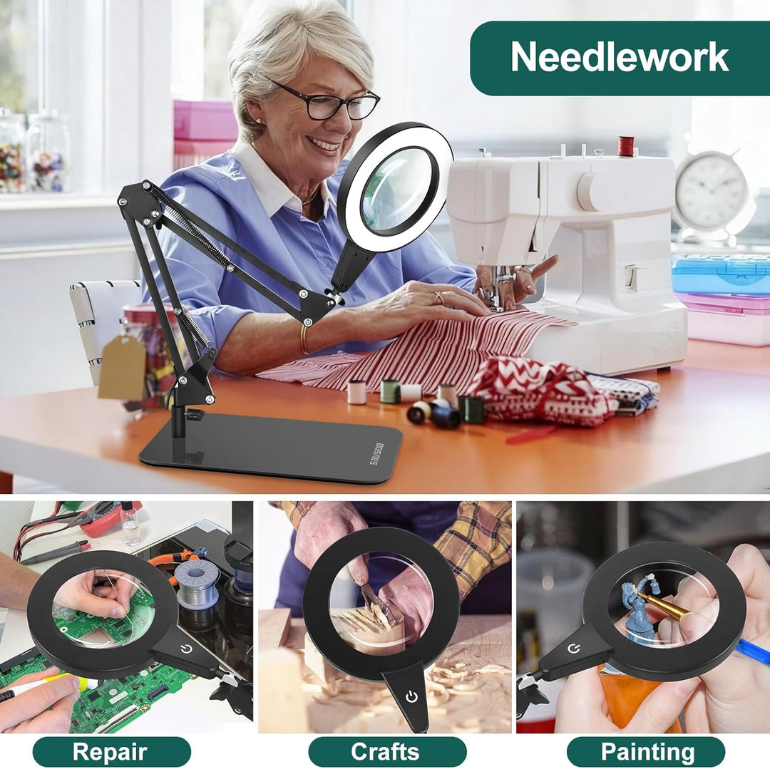 Lupe mit Licht und Ständer, Touch-Steuerung, 2-in-1 LED Lupenleuchte, Schreibtischlampe mit grossem