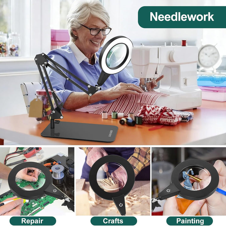 Lupe mit Licht und Ständer, Touch-Steuerung, 2-in-1 LED Lupenleuchte, Schreibtischlampe mit grossem