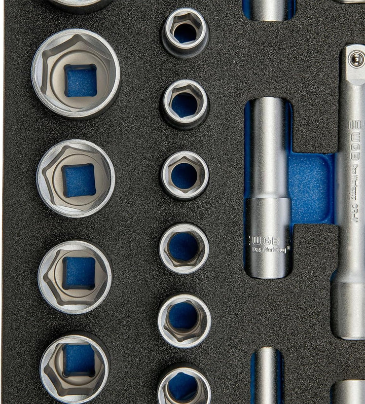 1/2" Steckschlüssel Set mit Ratsche und Sechskant Nuss Set 29 teilig | WGB Schaumstoffeinlage Werkze