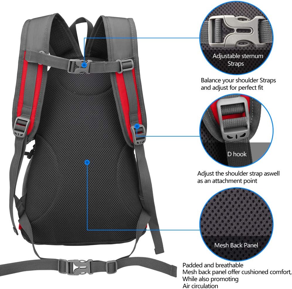 Kleiner Tagesrucksack 20L Radfahren Wanderrucksack Wasserdichter Reiserucksack Leichtgewicht (Rot),