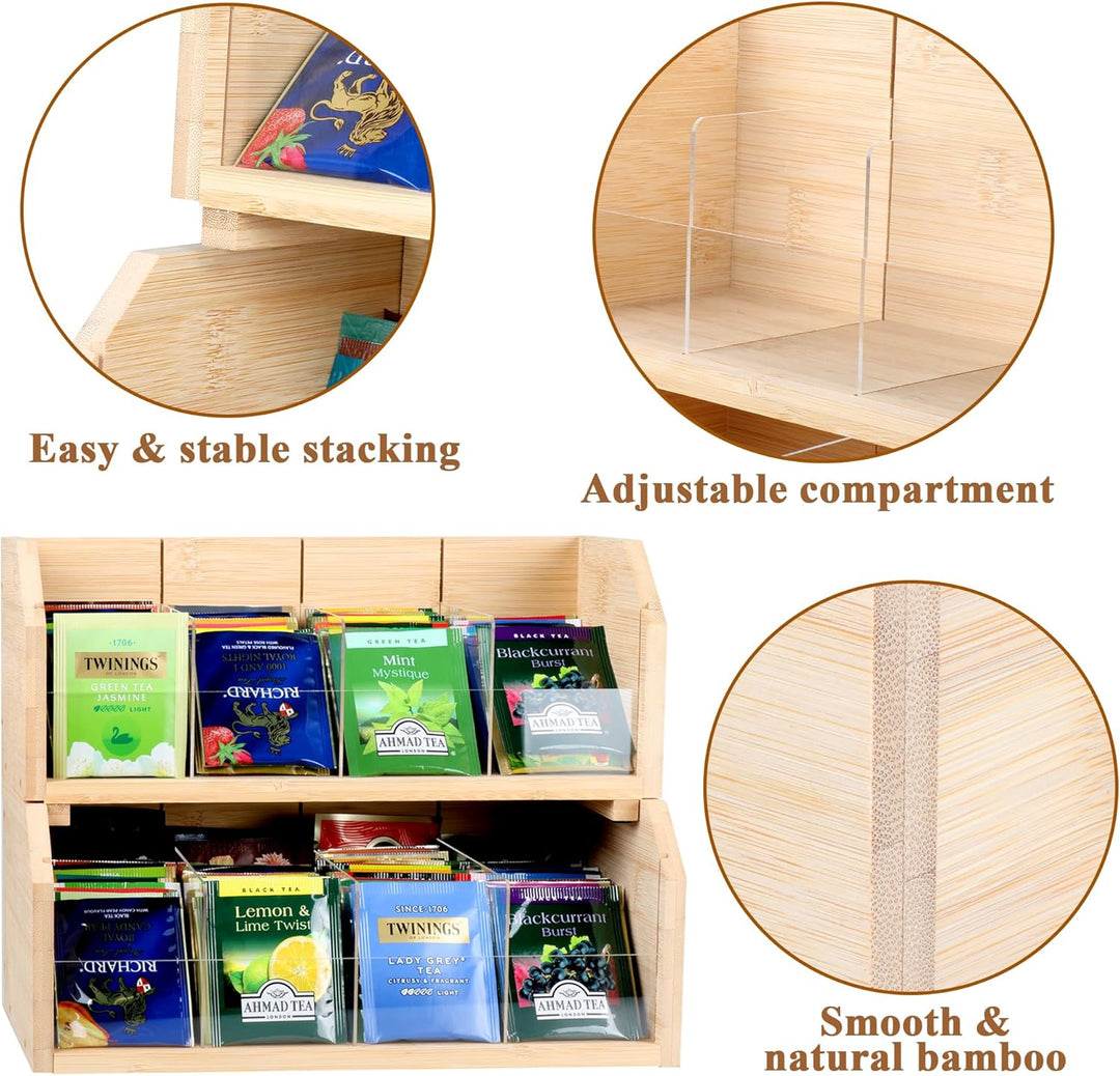 Teebox aus Bambus mit 8 Staufächern für 140 Teebeutel,2 Tier Vertikaler Tee Organizer,Teeboxen für T