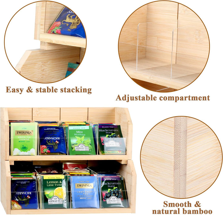 Teebox aus Bambus mit 8 Staufächern für 140 Teebeutel,2 Tier Vertikaler Tee Organizer,Teeboxen für T