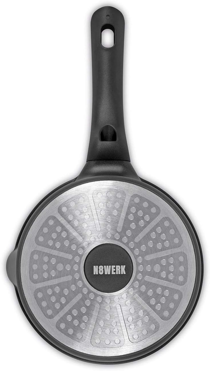 N8WERK Aluguss-Stielkasserolle in der Midnight Edition 18 cm | Farbwechsel-Temperaturanzeige, Deckel
