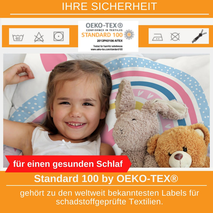 Aminata kids Kinderbettwäsche 100x135 Kinder Mädchen Baumwolle Regenbogen | Wende-Kinder-Bettwäsche-