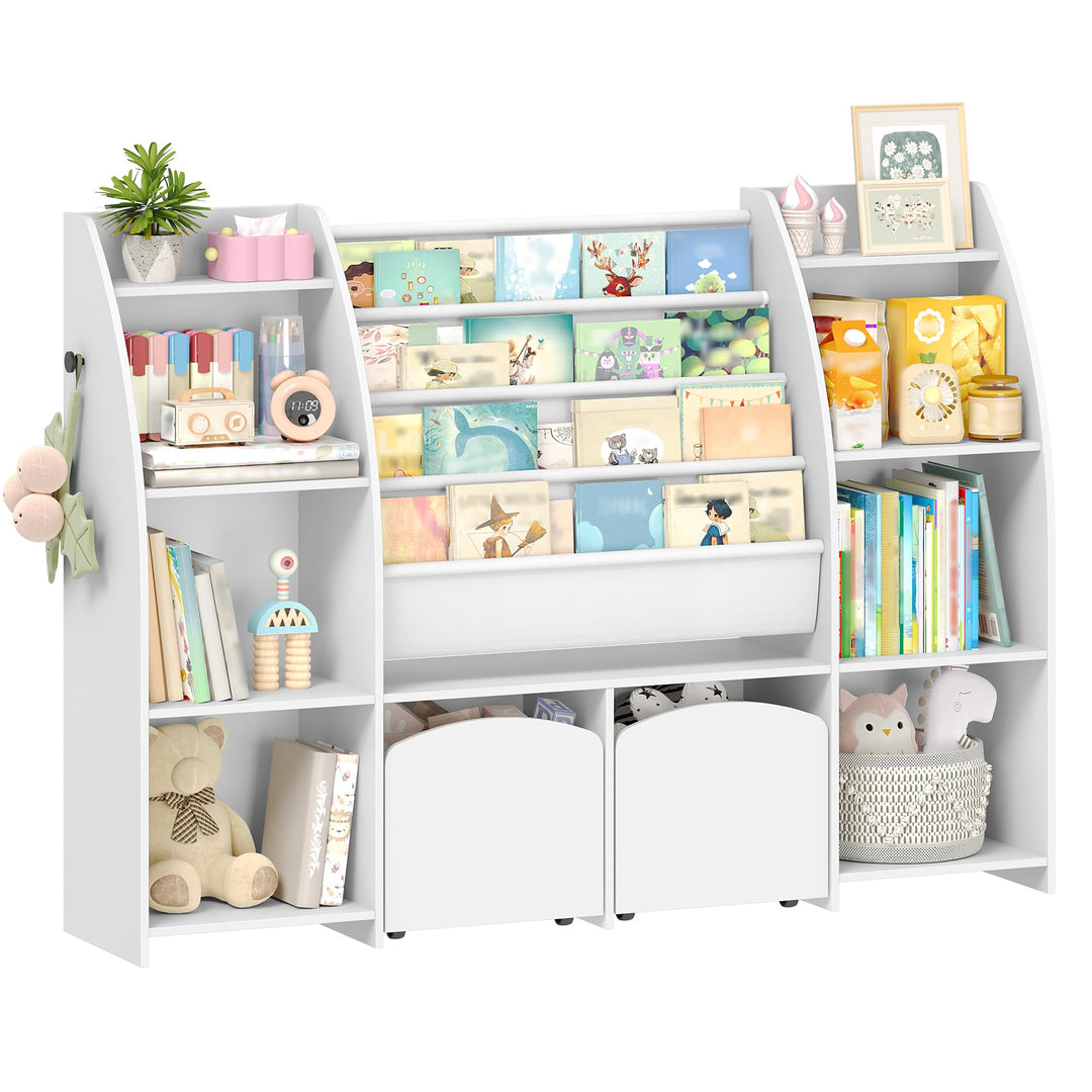 Hzuaneri Kinderregal mit Zeitungsständer, Bücherregal Kinder mit 3 Säulen, 4 Ablagen, Spielzeugregal