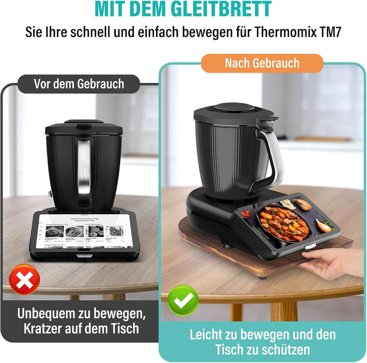 Bambus Gleitbrett für Thermomix TM7 – Mit 360° Rollen + Rutschfest Gummifüsse des Schnelles Bewegen/