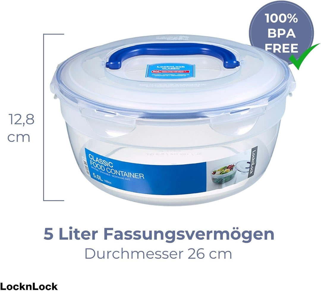LocknLock PP Classic Frischhaltedose rund mit Griff, 5 L, Ø 28,5 x 12,8 cm, Sicherer Transport von S