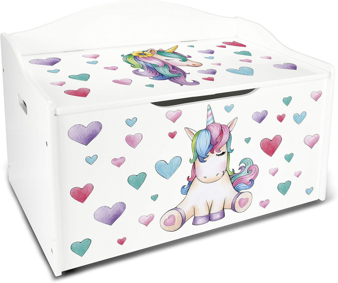 Leomark Kinderbank Hölzerne - Unicorn - Kindertruhenbank, Behälter für Spielzeug, Truhe für Kinderzi