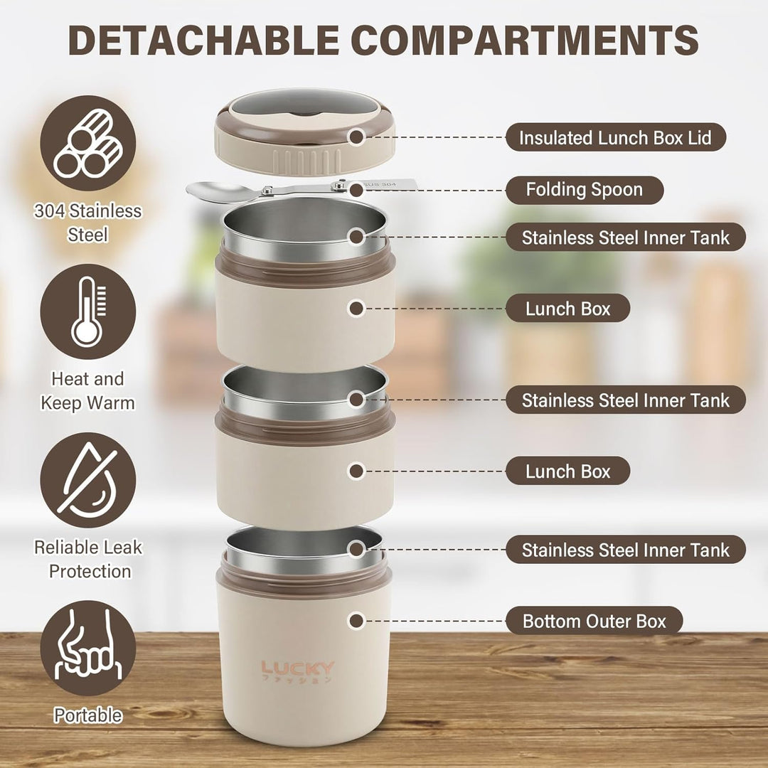 304 Edelstahl Lunchbox, 3-lagiger Food Container mit faltbarem Besteck, Auslaufsicher, Mikrowellen-