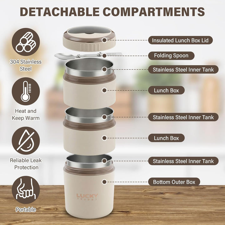 304 Edelstahl Lunchbox, 3-lagiger Food Container mit faltbarem Besteck, Auslaufsicher, Mikrowellen-