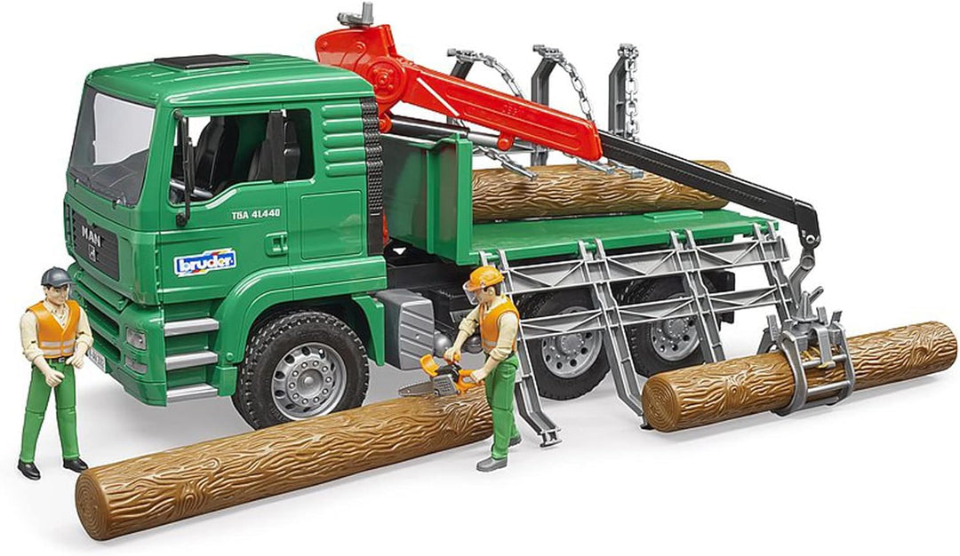 bruder 02769 - Man Holztransport-LKW mit Ladekran & 3 Baumstämmen - 1:16 Holztransporter Lastwagen L