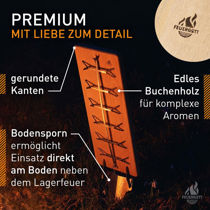 Flammlachsbrett Premium Doppelpack Buchenholz Edelstahlhalterung mit Erdsporn verstellbar für Grill