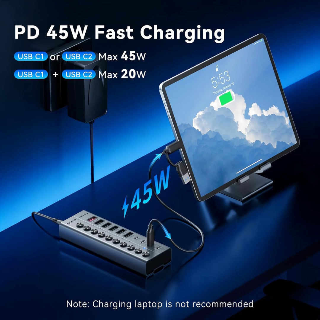 FIDECO 10 Ports USB Hub mit Netzteil, USB Hub Aktiv mit 1 BC1.2, 2 PD 45W Charging Port und 7 USB 3.