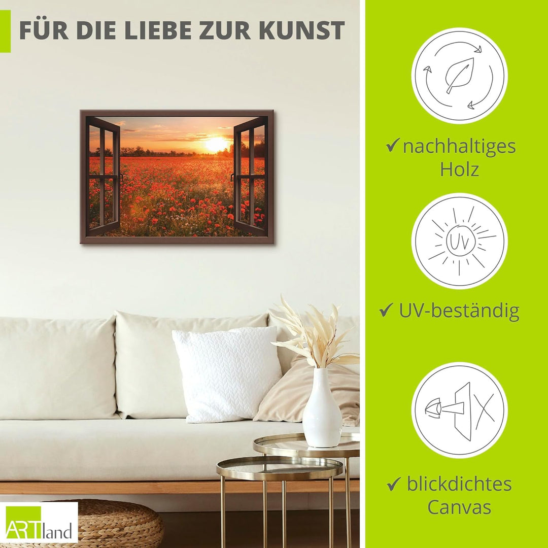 Artland Leinwandbild Wandbild Bild auf Leinwand 100x70 cm Wanddeko Fensterblick Fenster Natur Botani