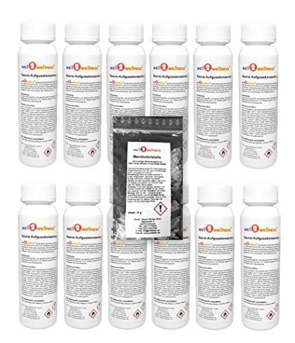 Saunaaufguss - Konzentrate Set 'Frucht + Exotic' - 12 x 125 ml + 10 g Menthol-Kristalle Frucht + Exo
